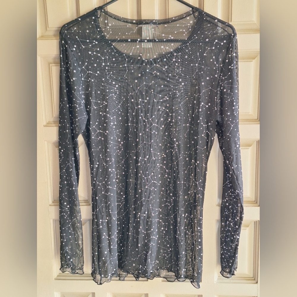 Perfectly Imperfect Sheer Pullover SzXL Blk Long Sleeves Ruffle Hem/Cuffs Layers